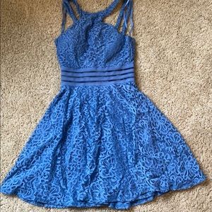 Blue lace dress high neck mesh middle